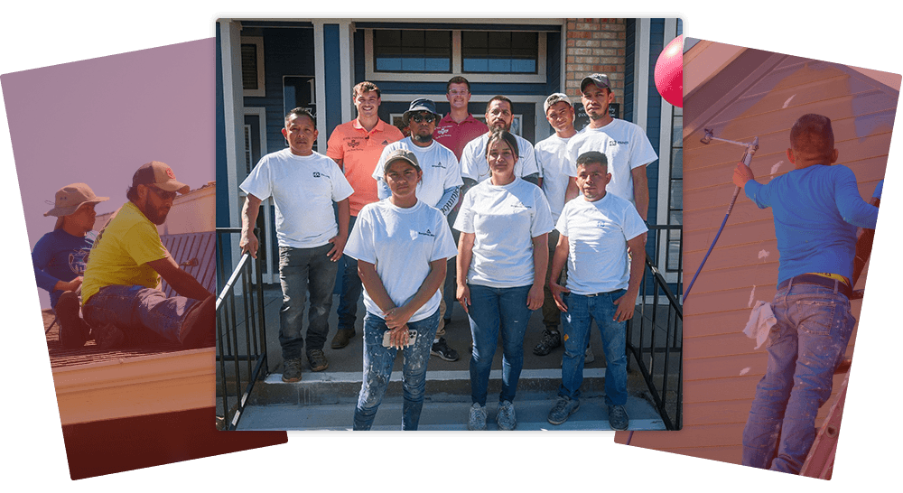 Painting crew posing outside an apartment building, with painters at work on either side